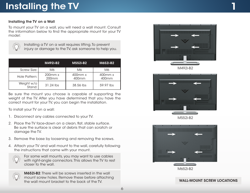Installing the tv on a wall, Installing the tv | Vizio M652i-B2 - User Manual User Manual | Page 12 / 76