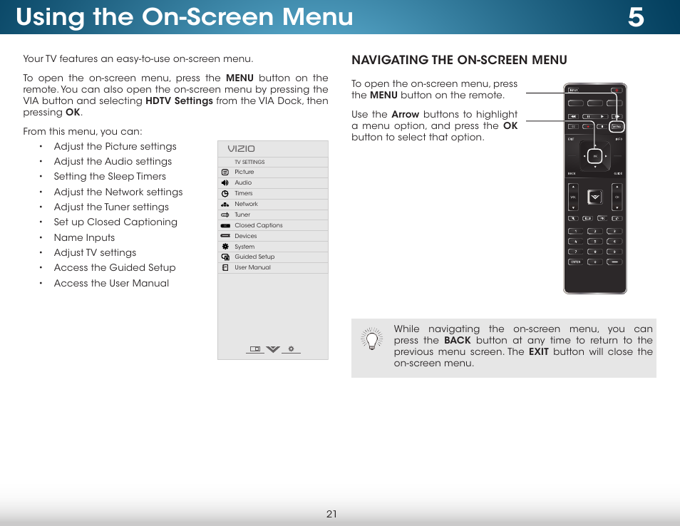 Using the on-screen menu, Navigating the on-screen menu | Vizio M652i-B2 - User Manual User Manual | Page 27 / 76