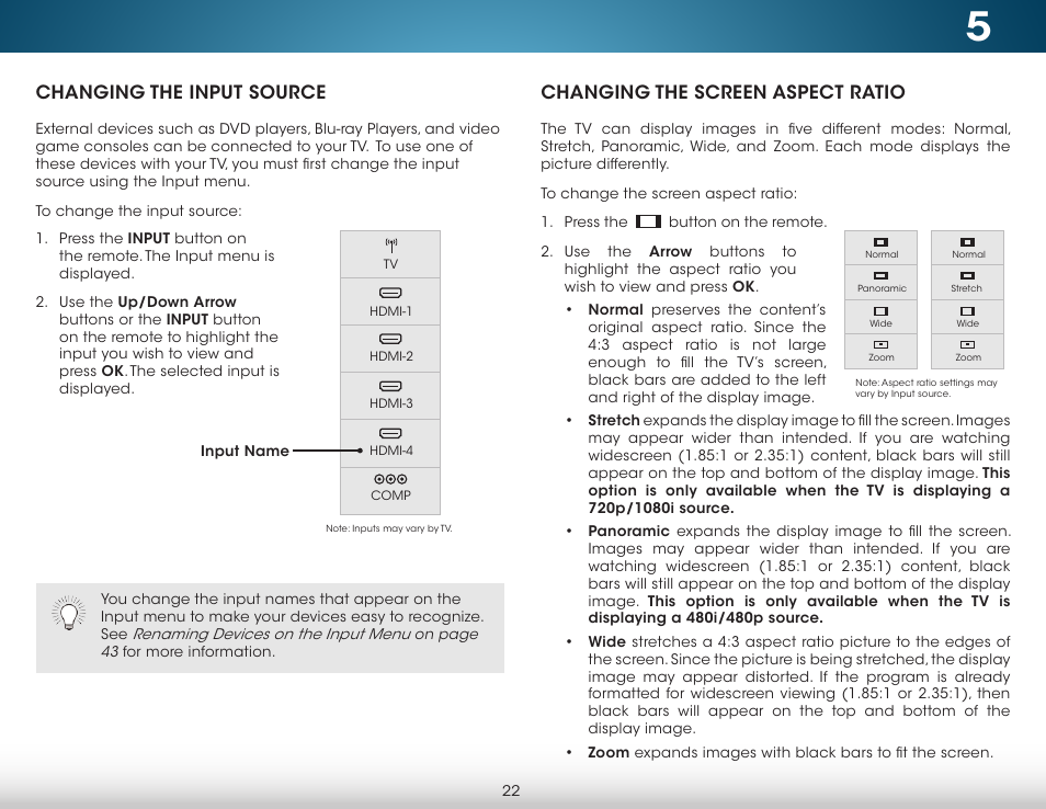 Changing the input source, Changing the screen aspect ratio | Vizio M652i-B2 - User Manual User Manual | Page 28 / 76
