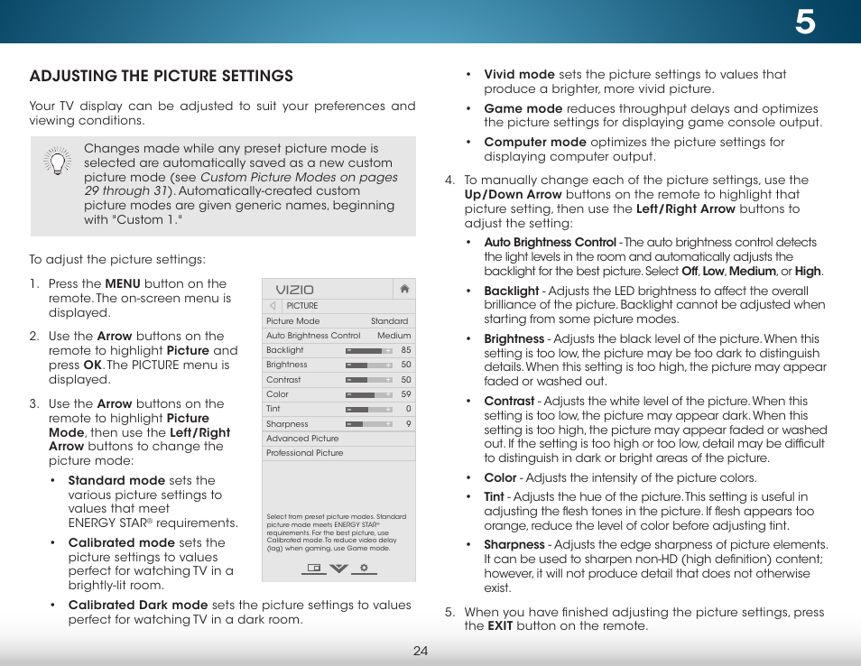 Adjusting the picture settings | Vizio M652i-B2 - User Manual User Manual | Page 30 / 76