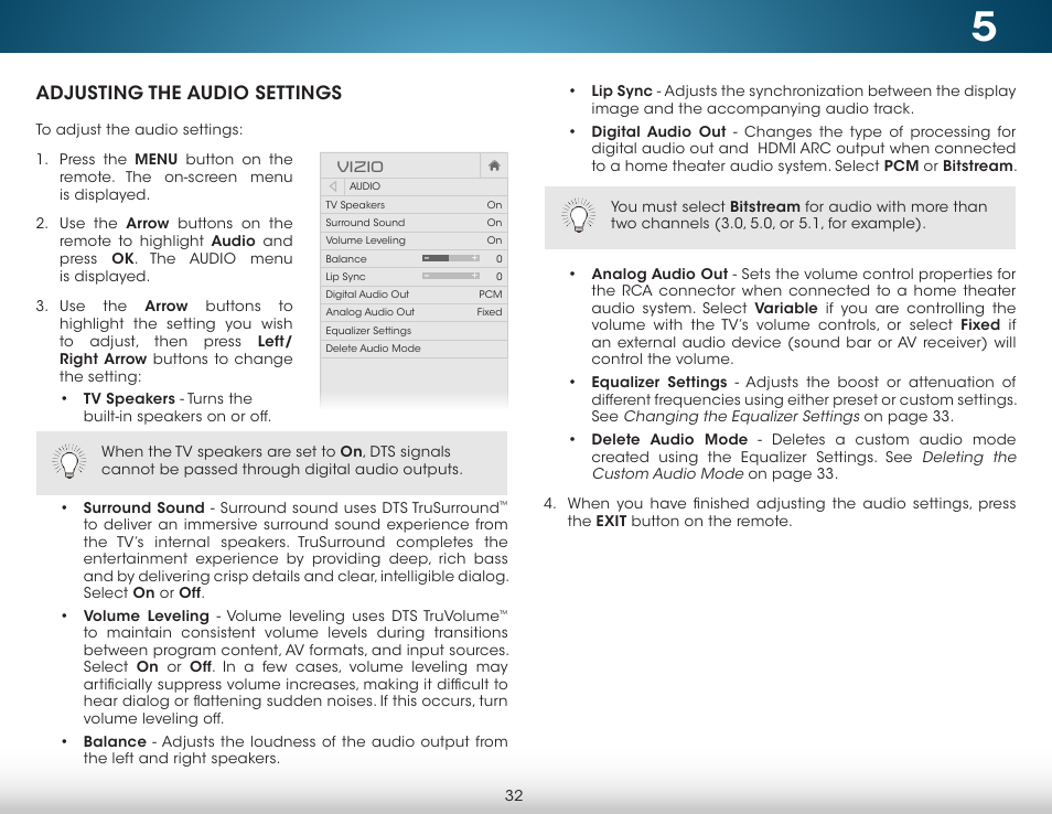 Adjusting the audio settings | Vizio M652i-B2 - User Manual User Manual | Page 38 / 76