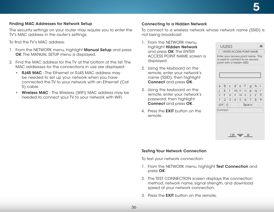 Finding mac addresses for network setup, Connecting to a hidden network | Vizio M652i-B2 - User Manual User Manual | Page 42 / 76