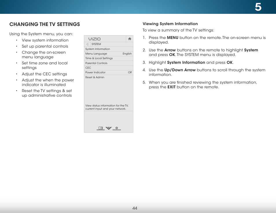 Changing the tv settings, Viewing system information | Vizio M652i-B2 - User Manual User Manual | Page 50 / 76