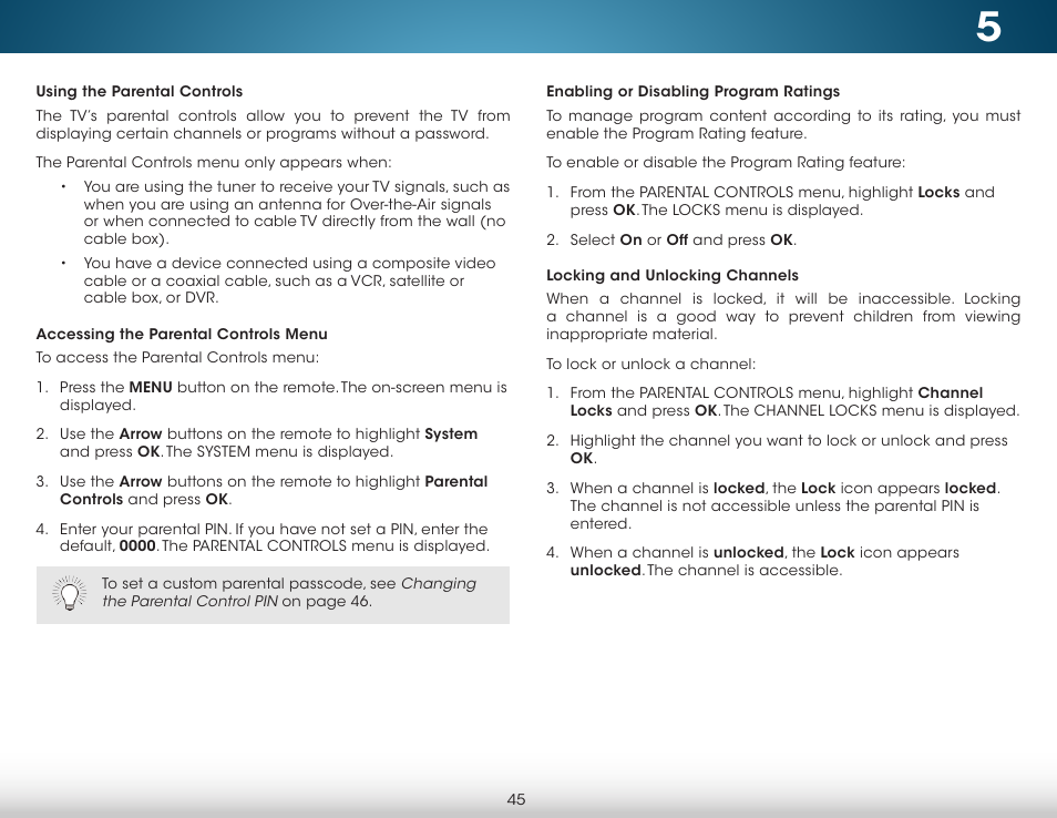 Using the parental controls, Accessing the parental controls menu, Enabling or disabling program ratings | Locking and unlocking channels | Vizio M652i-B2 - User Manual User Manual | Page 51 / 76