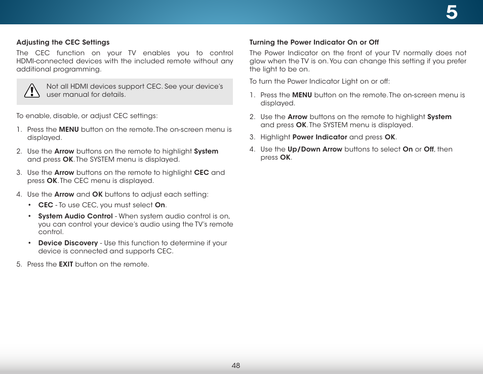 Adjusting the cec settings, Turning the power indicator on or off | Vizio M652i-B2 - User Manual User Manual | Page 54 / 76