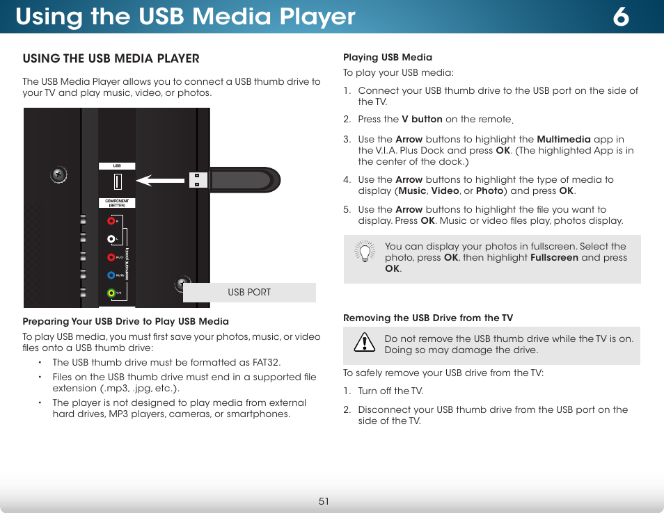 Using the usb media player, Preparing your usb drive to play usb media, Playing usb media | Removing the usb drive from the tv | Vizio M652i-B2 - User Manual User Manual | Page 57 / 76