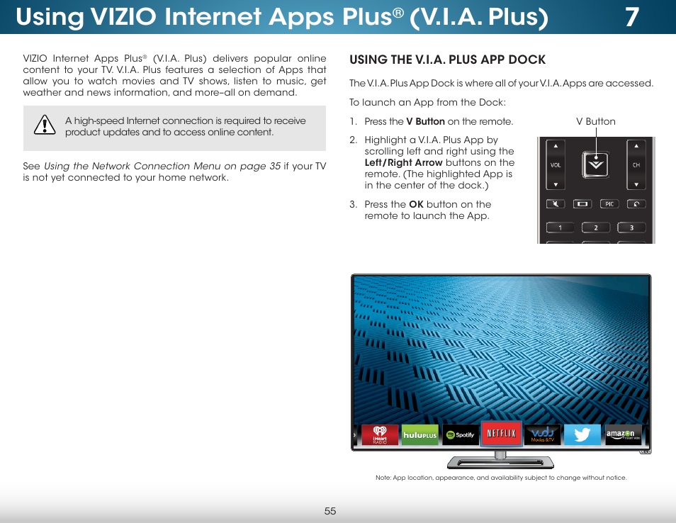 Using vizio internet apps plus® (v.i.a. plus), Using the v.i.a. plus app dock, Using vizio internet apps plus | V.i.a. plus) | Vizio M652i-B2 - User Manual User Manual | Page 61 / 76