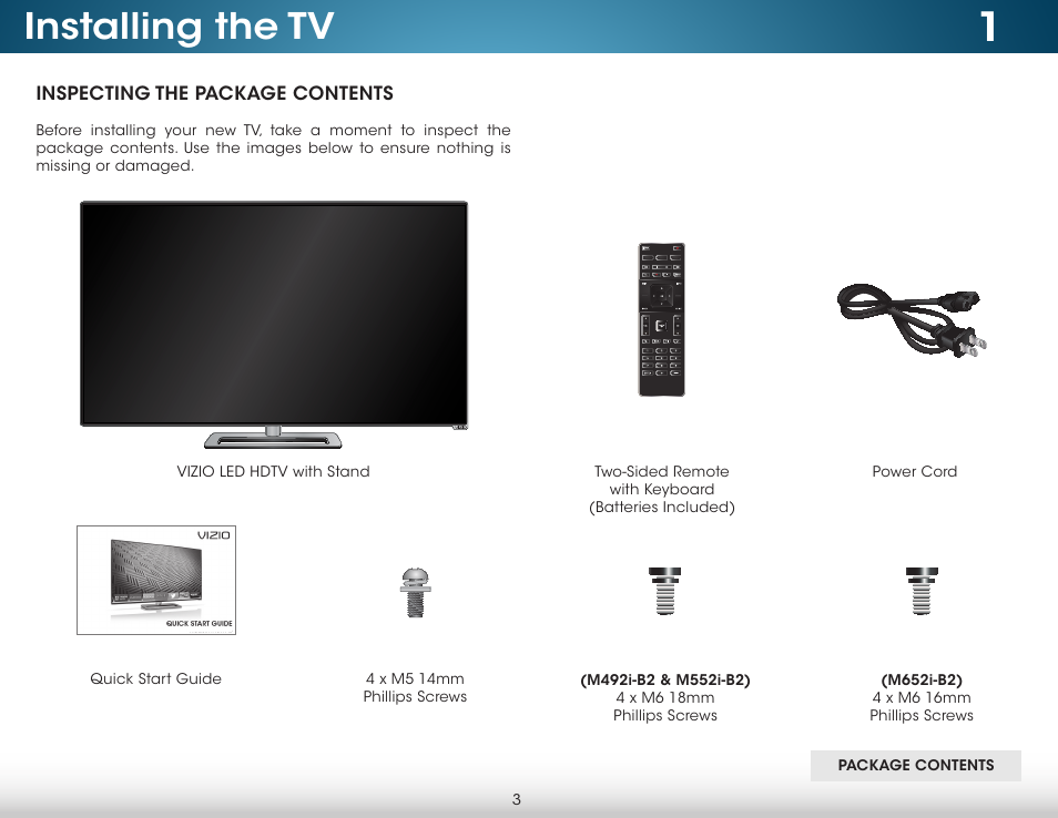 Installing the tv, Inspecting the package contents | Vizio M652i-B2 - User Manual User Manual | Page 9 / 76
