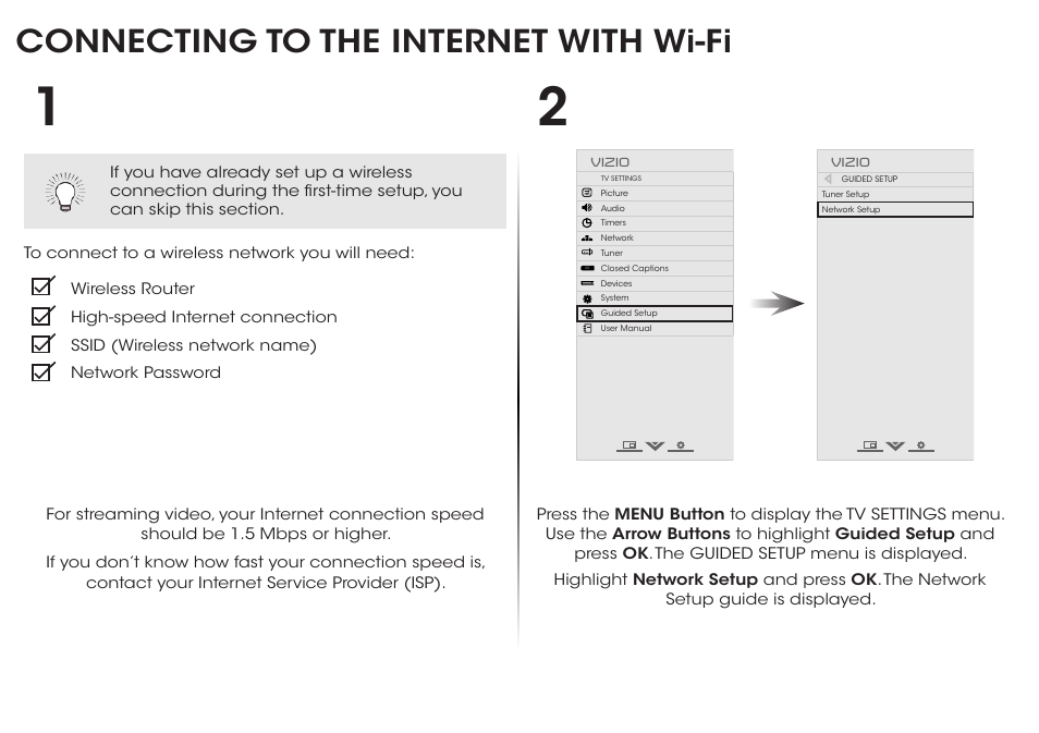 Connecting to the internet with wi-fi | Vizio M652i-B2 - Quickstart Guide User Manual | Page 16 / 28