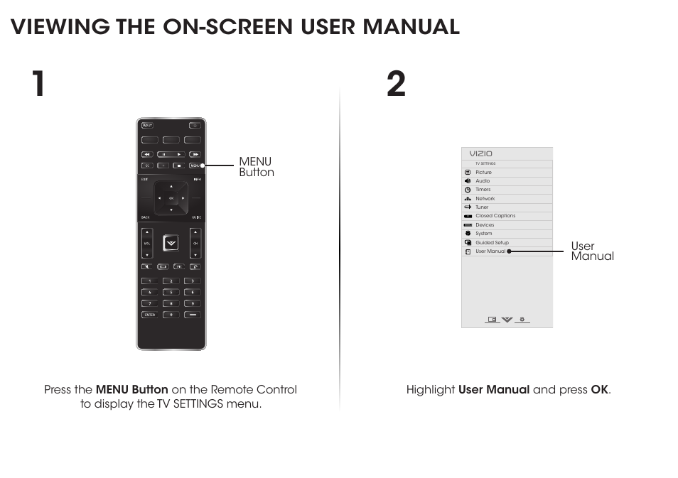 Viewing the on-screen user manual, Highlight user manual and press ok, User manual | Vizio M652i-B2 - Quickstart Guide User Manual | Page 18 / 28