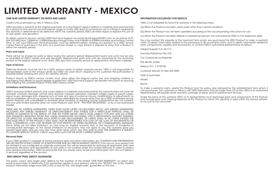Limited warranty - mexico | Vizio M652i-B2 - Quickstart Guide User Manual | Page 27 / 28