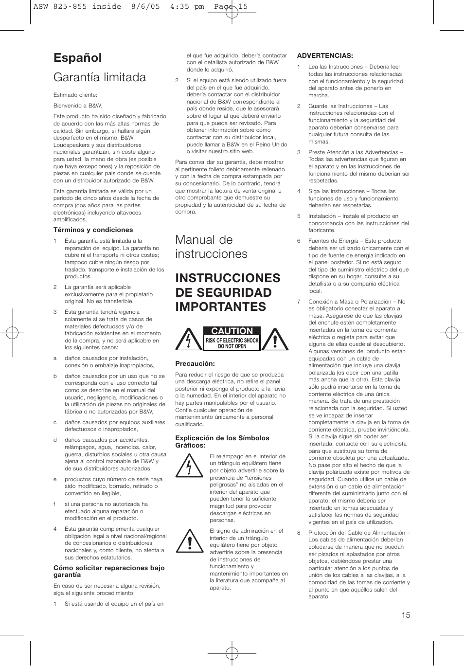 Español garantía limitada, Caution | Bowers & Wilkins ASW825 User Manual | Page 18 / 64