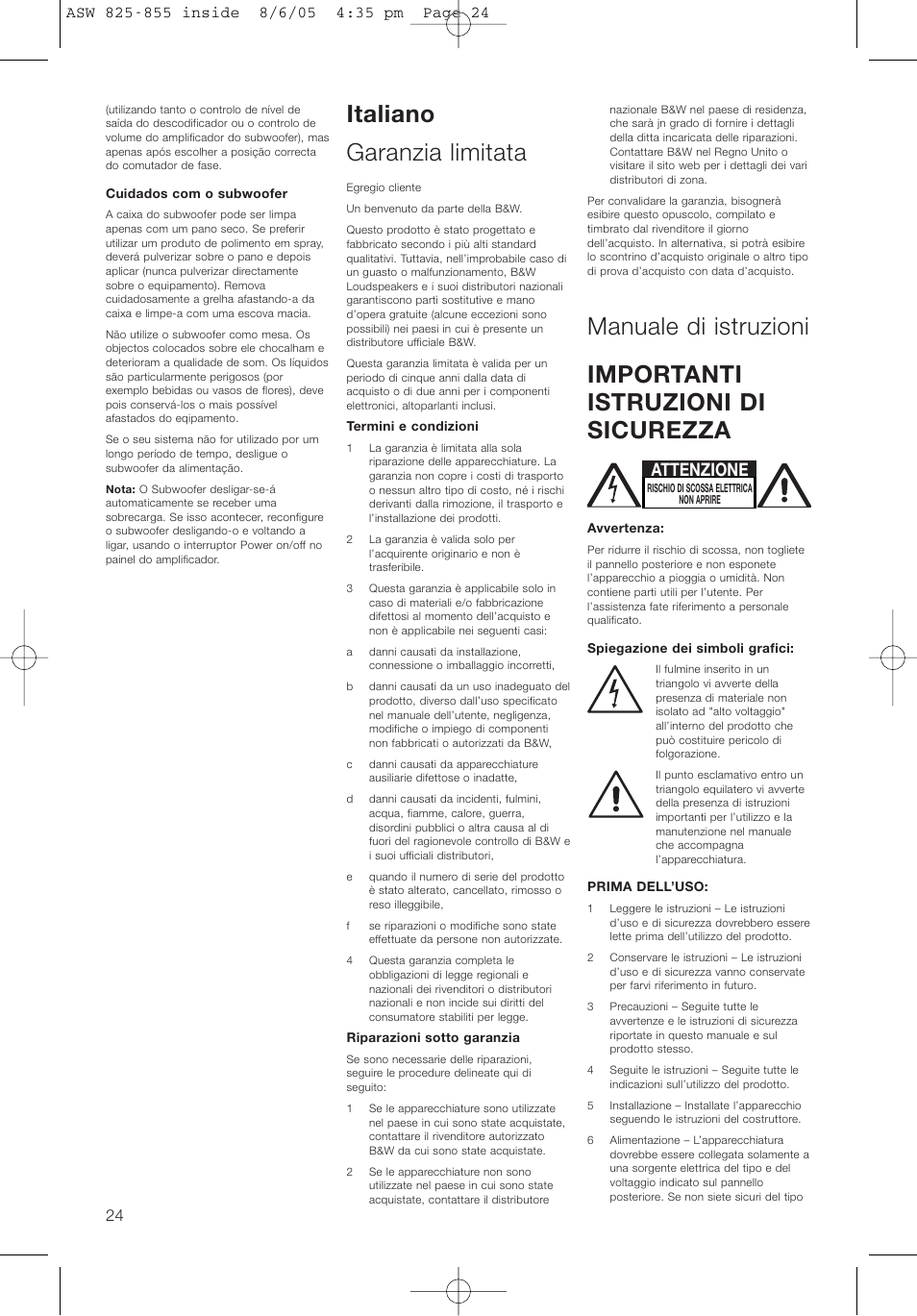 Italiano garanzia limitata, Attenzione | Bowers & Wilkins ASW825 User Manual | Page 27 / 64