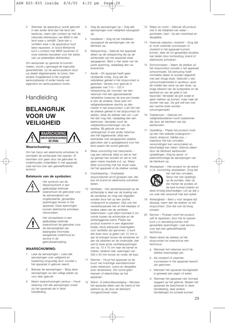 Handleiding belangrijk voor uw veiligheid, Waarschuwing | Bowers & Wilkins ASW825 User Manual | Page 32 / 64