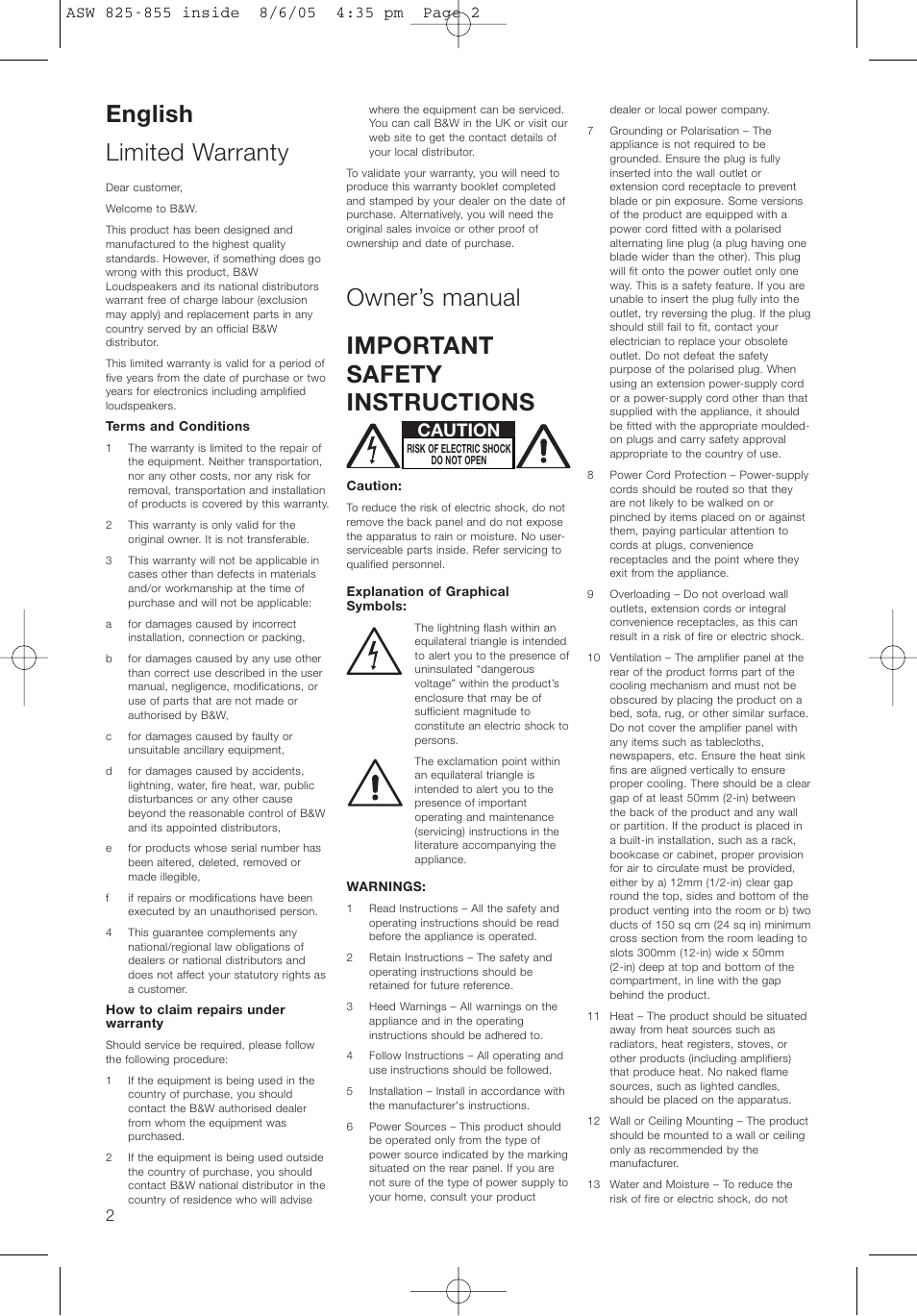 English limited warranty, Owner’s manual important safety instructions, Caution | Bowers & Wilkins ASW825 User Manual | Page 5 / 64