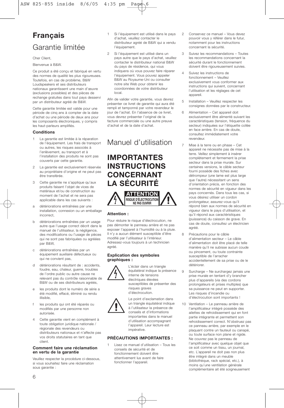 Français garantie limitée, Attention | Bowers & Wilkins ASW825 User Manual | Page 9 / 64