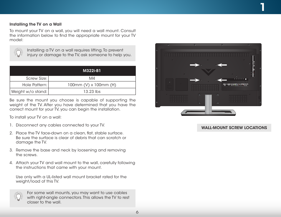 Installing the tv on a wall | Vizio M322i-B1 - User Manual User Manual | Page 12 / 76