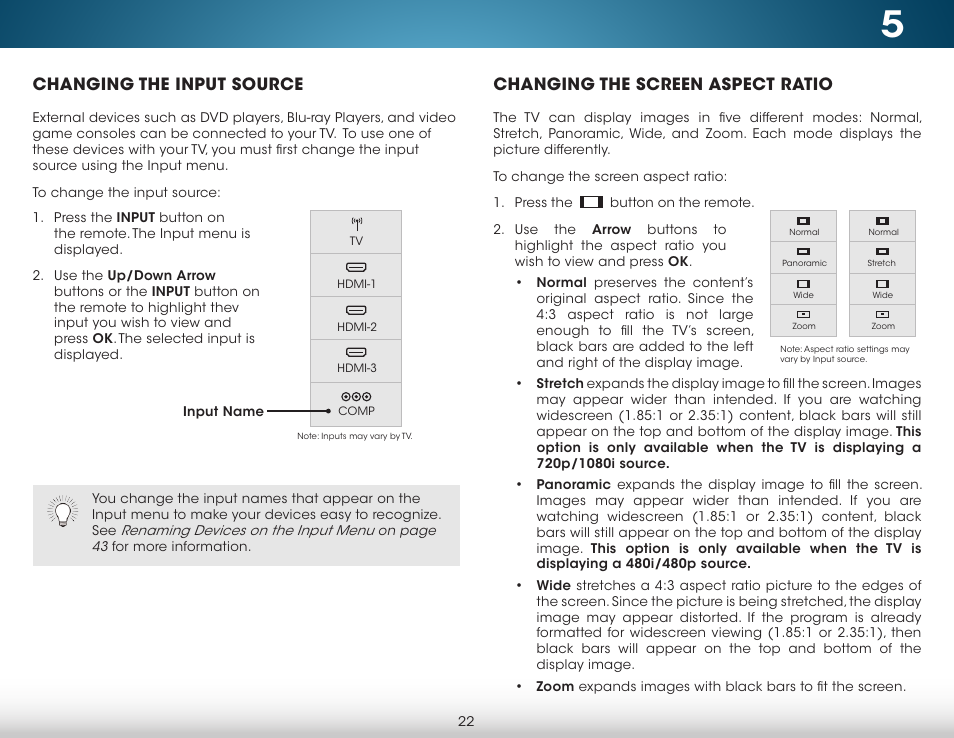 Changing the input source, Changing the screen aspect ratio | Vizio M322i-B1 - User Manual User Manual | Page 28 / 76
