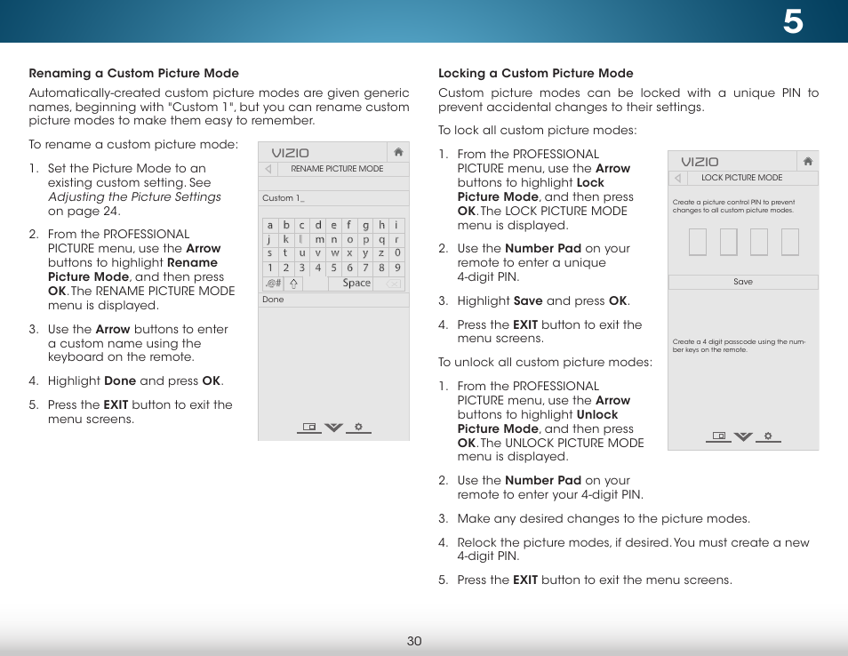 Renaming a custom picture mode, Locking a custom picture mode | Vizio M322i-B1 - User Manual User Manual | Page 36 / 76