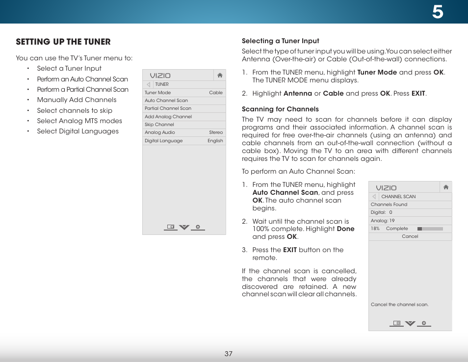Setting up the tuner, Selecting a tuner input, Scanning for channels | Selecting a tuner input scanning for channels, Vizio | Vizio M322i-B1 - User Manual User Manual | Page 43 / 76