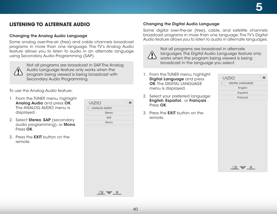Listening to alternate audio, Changing the analog audio language, Changing the digital audio language | Vizio | Vizio M322i-B1 - User Manual User Manual | Page 46 / 76