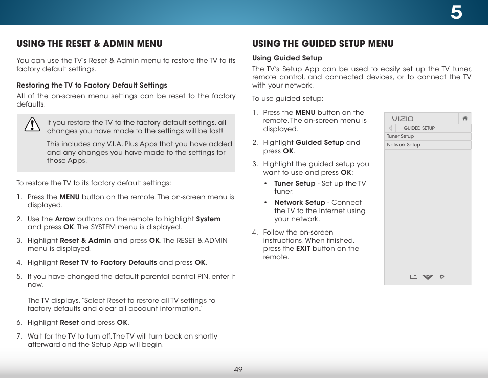 Using the reset & admin menu, Restoring the tv to factory default settings, Using the guided setup menu | Using guided setup, Using | Vizio M322i-B1 - User Manual User Manual | Page 55 / 76