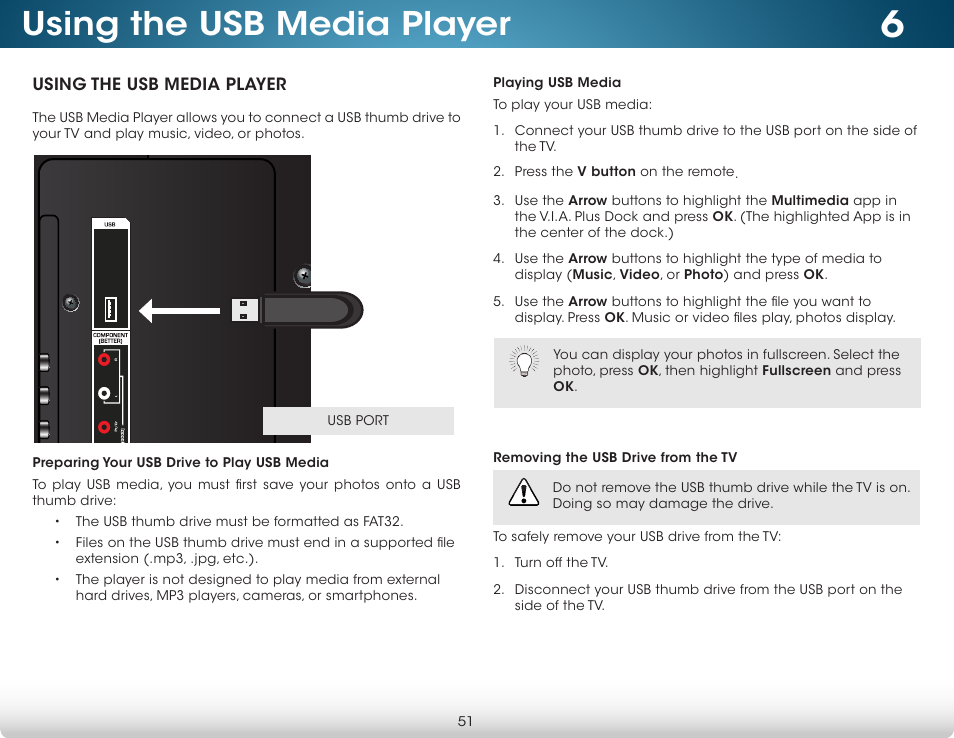 Using the usb media player, Preparing your usb drive to play usb media, Playing usb media | Removing the usb drive from the tv | Vizio M322i-B1 - User Manual User Manual | Page 57 / 76