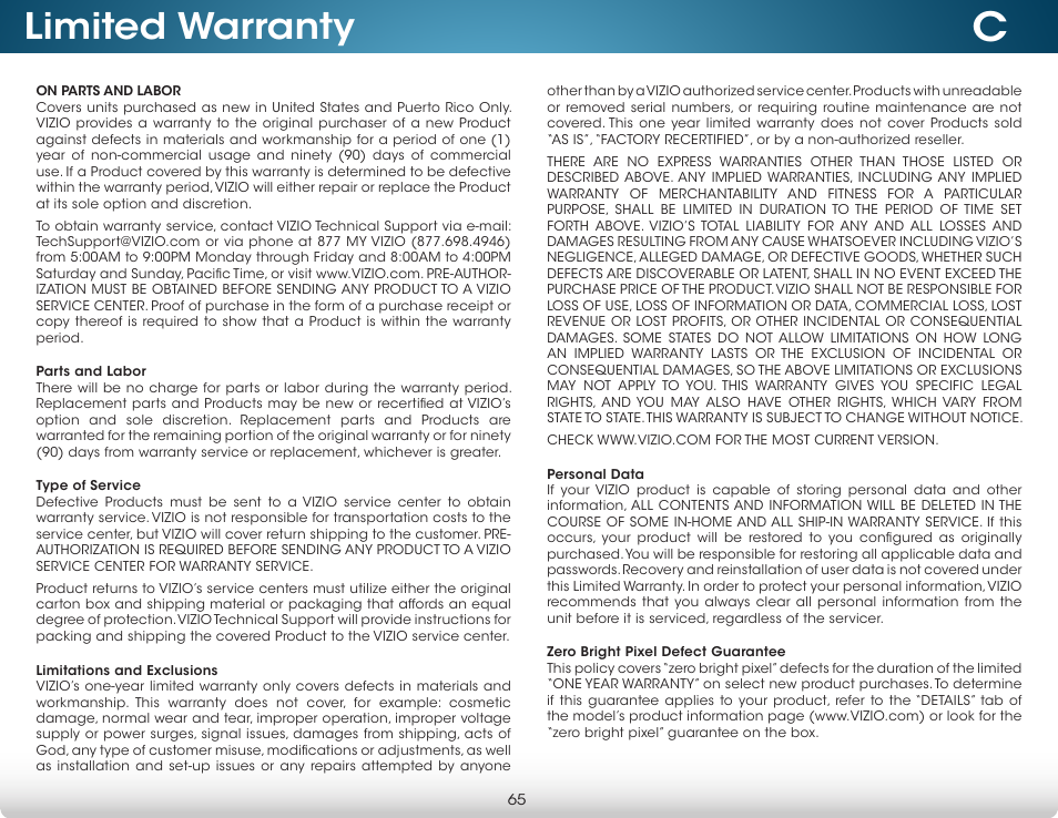 Limited warranty | Vizio M322i-B1 - User Manual User Manual | Page 71 / 76