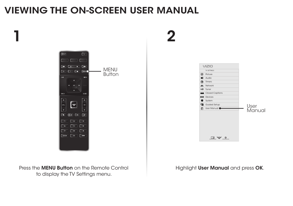 Viewing the on-screen user manual, Highlight user manual and press ok, User manual | Vizio M322i-B1 - Quickstart Guide User Manual | Page 18 / 28
