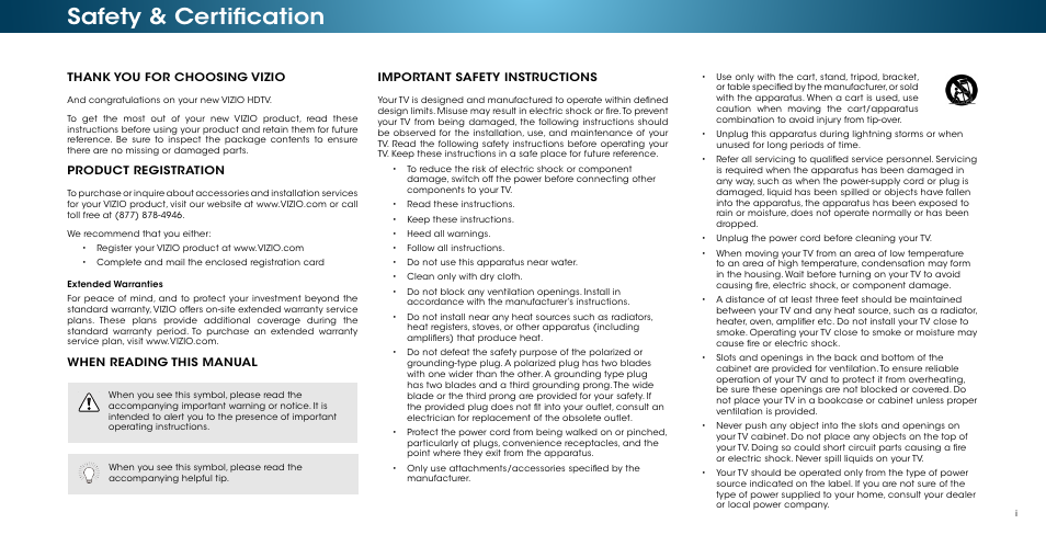Safety & certification, Product registration, When reading this manual | Important safety instructions | Vizio M502i-B1 - User Manual User Manual | Page 2 / 67