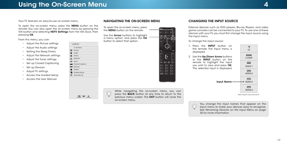 Using the on-screen menu, Changing the input source, Navigating the on-screen menu | Vizio M502i-B1 - User Manual User Manual | Page 23 / 67