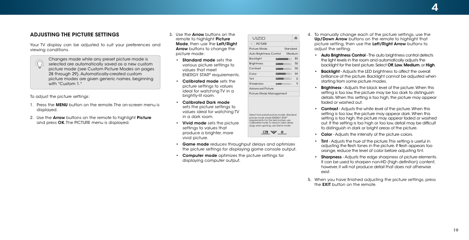 Adjusting the picture settings, Vizio | Vizio M502i-B1 - User Manual User Manual | Page 25 / 67