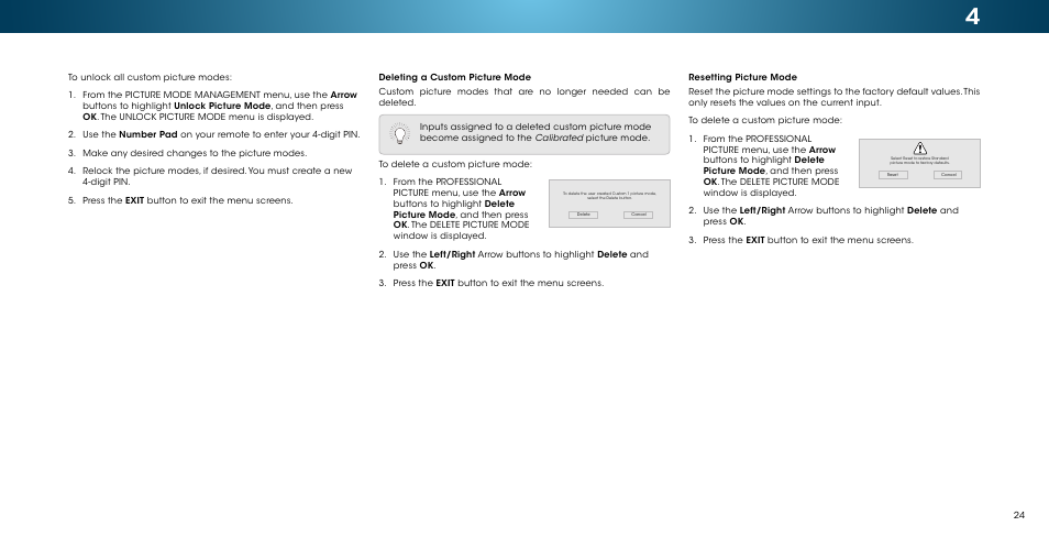 Deleting a custom picture mode, Resetting picture mode | Vizio M502i-B1 - User Manual User Manual | Page 30 / 67
