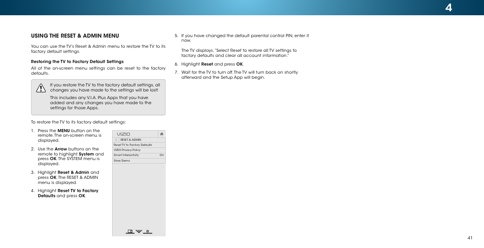Using the reset & admin menu, Restoring the tv to factory default settings, Vizio | Vizio M502i-B1 - User Manual User Manual | Page 47 / 67
