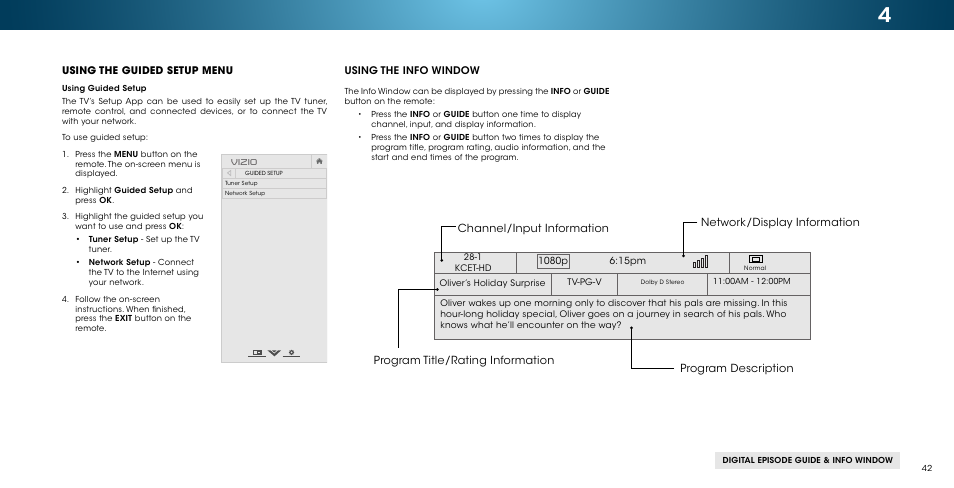 Using the guided setup menu using guided setup, Using the info window, Using | Channel/input information, Using the guided setup menu | Vizio M502i-B1 - User Manual User Manual | Page 48 / 67