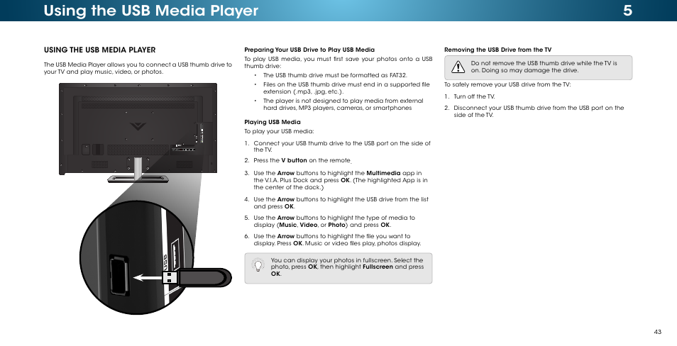 Using the usb media player, 5using the usb media player | Vizio M502i-B1 - User Manual User Manual | Page 49 / 67