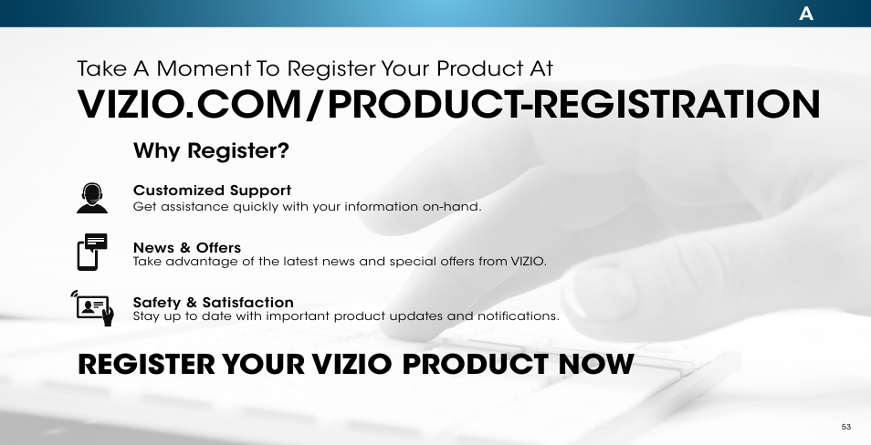 Register your vizio product now, Take a moment to register your product at, Why register | Vizio M502i-B1 - User Manual User Manual | Page 59 / 67