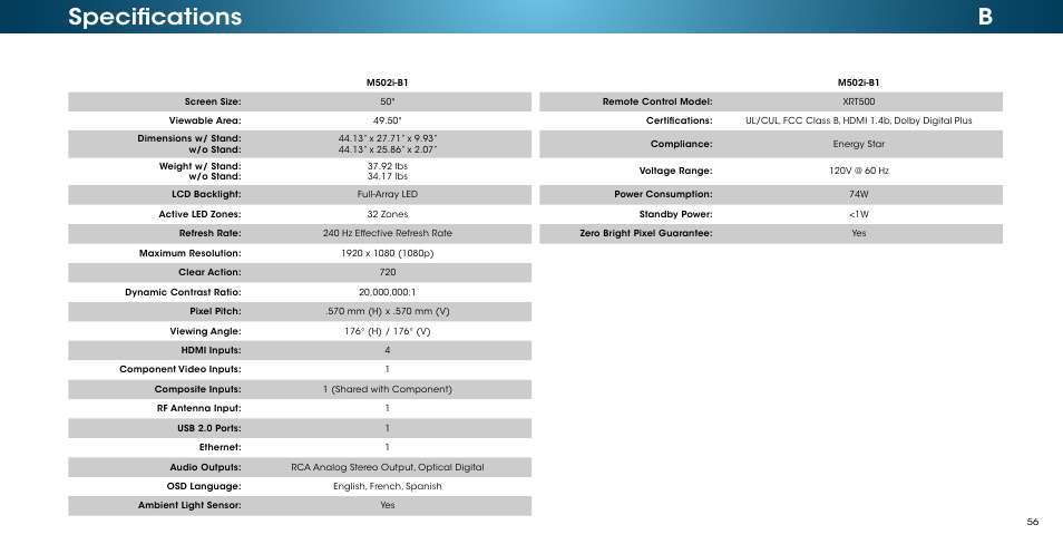 Specifications, Bspecifications | Vizio M502i-B1 - User Manual User Manual | Page 62 / 67