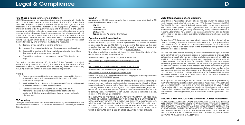 Legal & compliance, Dlegal & compliance | Vizio M502i-B1 - User Manual User Manual | Page 64 / 67