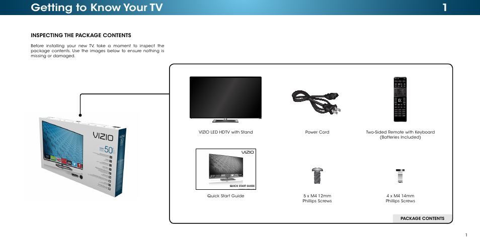 Getting to know your tv, Inspecting the package contents | Vizio M502i-B1 - User Manual User Manual | Page 7 / 67