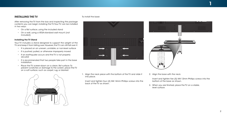 Installing the tv, Installing the tv stand | Vizio M502i-B1 - User Manual User Manual | Page 8 / 67