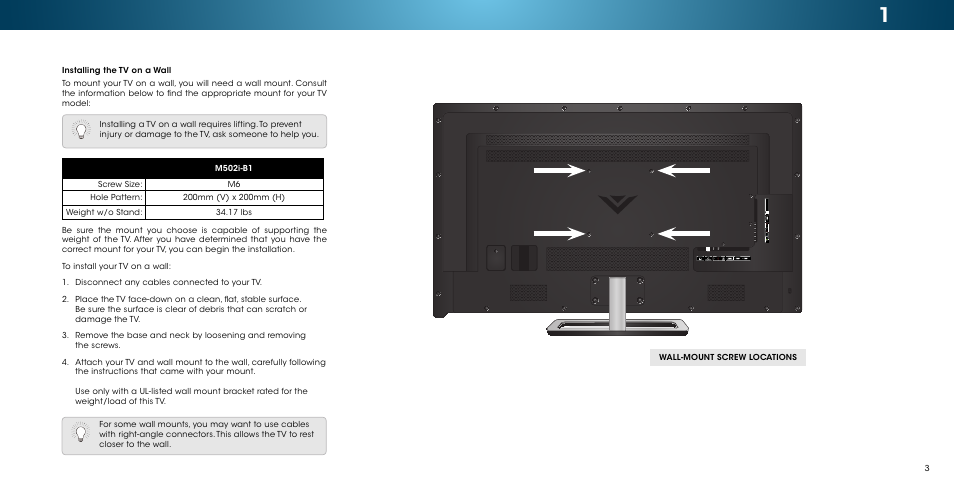 Installing the tv on a wall | Vizio M502i-B1 - User Manual User Manual | Page 9 / 67