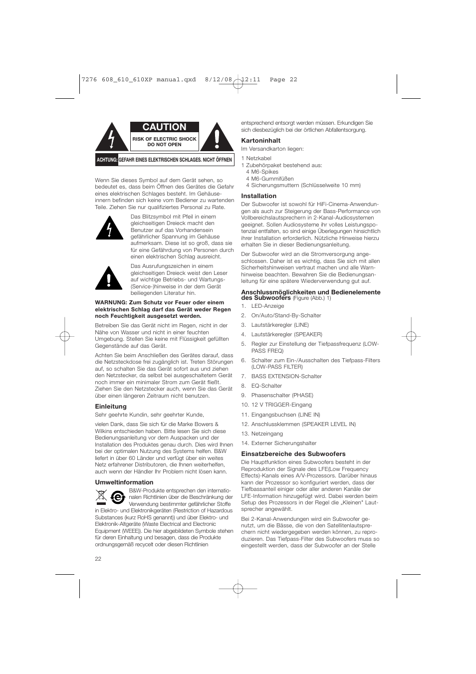 Caution | Bowers & Wilkins ASW610 User Manual | Page 25 / 104