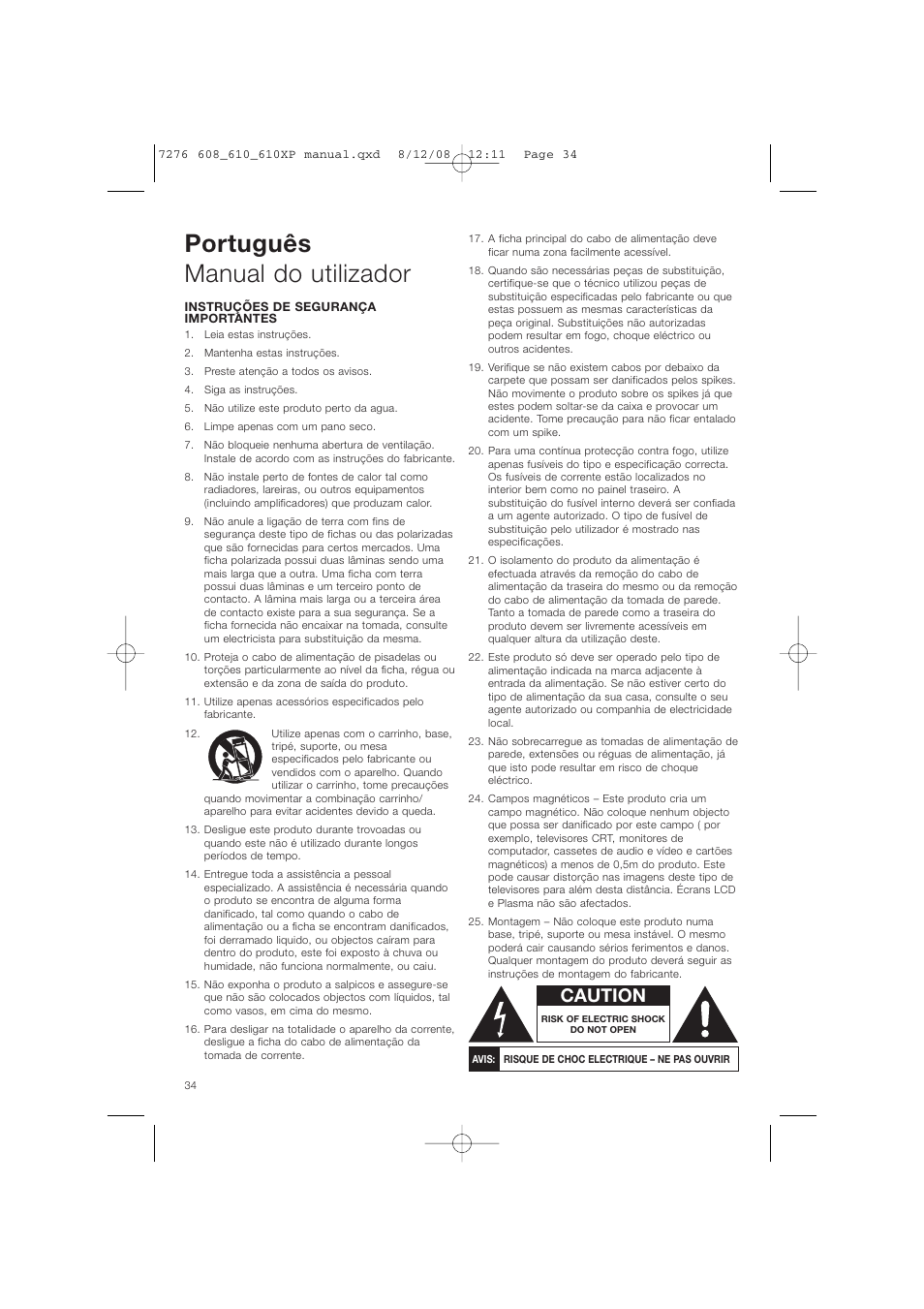 Português manual do utilizador, Caution | Bowers & Wilkins ASW610 User Manual | Page 37 / 104