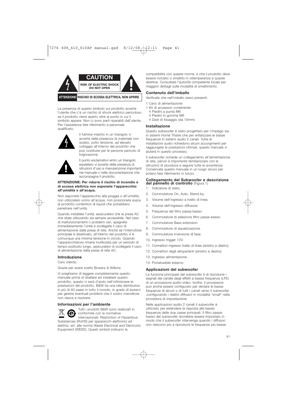 Caution | Bowers & Wilkins ASW610 User Manual | Page 44 / 104