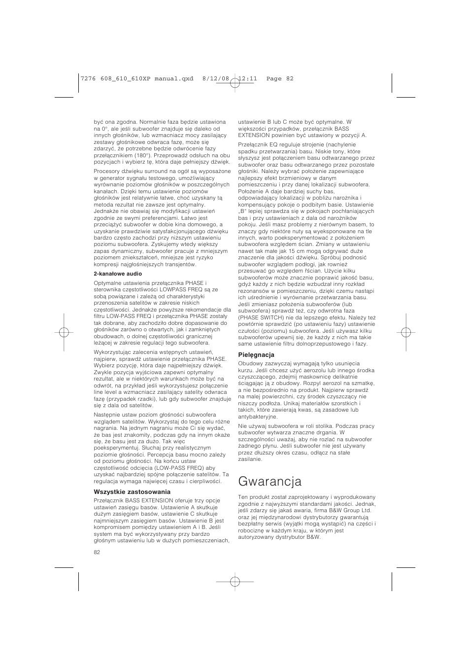 Gwarancja | Bowers & Wilkins ASW610 User Manual | Page 85 / 104