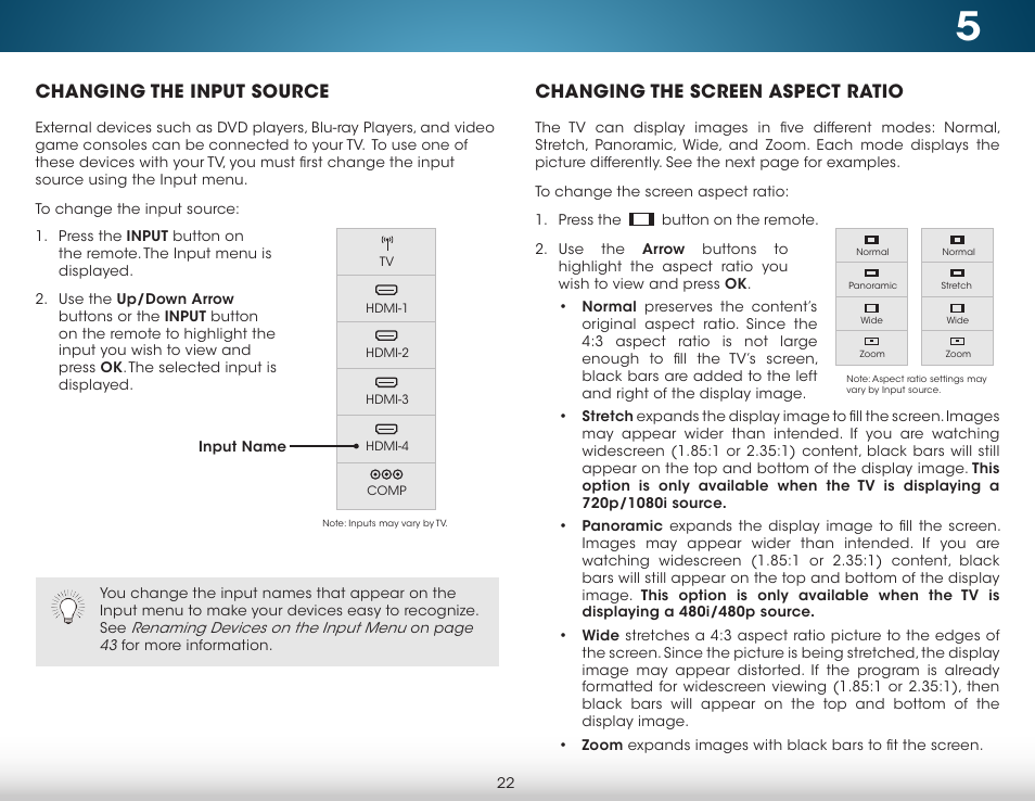 Changing the input source, Changing the screen aspect ratio | Vizio M422i-B1 - User Manual User Manual | Page 28 / 76