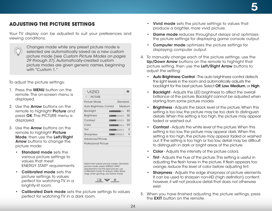 Adjusting the picture settings | Vizio M422i-B1 - User Manual User Manual | Page 30 / 76