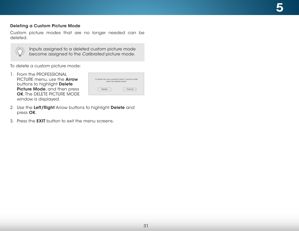Deleting a custom picture mode | Vizio M422i-B1 - User Manual User Manual | Page 37 / 76