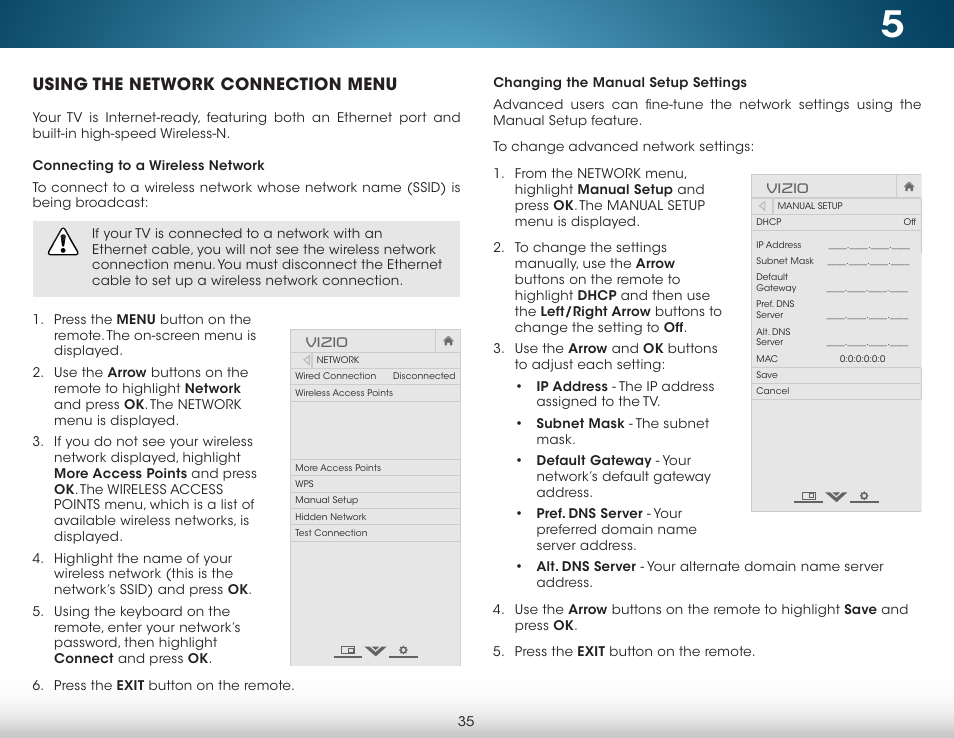 Using the network connection menu, Connecting to a wireless network, Changing the manual setup settings | Vizio M422i-B1 - User Manual User Manual | Page 41 / 76